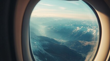 airplane window with reflection of mountain landscape, immersive travel experience generative ai