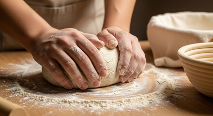 Fototapeta premium A close-up of floured hands (gender-neutral) gently kneading a rustic dough on a wooden surface, with scattered flour and a traditional bread proofing basket nearby. The lighting is warm and natural, 