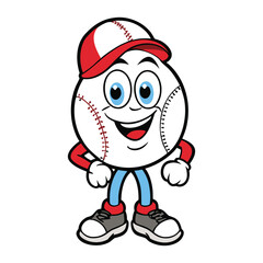 A cheerful baseball ball mascot with big eyes, a wide grin, and sporty sneakers, ready to play! This cartoon character brings fun and energy to the game.
