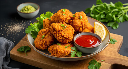 Crispy fried chicken nuggets presented elegantly on a wooden board with vibrant green garnish and dipping sauces, perfect for fast food promotion and delicious meal ideas