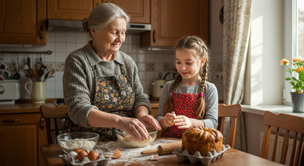 A smiling elderly woman teaches her young granddaughter how to bake a cake at home, mixing dough together in a sunlit kitchen.