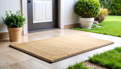 Natural Fiber Doormat on Modern Patio:  Tan Coir Welcome Mat, Green Grass, Potted Plants