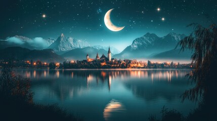 Nighttime lake town, mountains, moon
