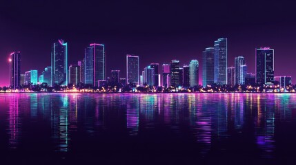 Fototapeta premium Night city skyline, vibrant neon lights reflected on water