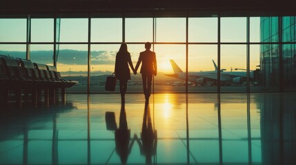 Couple holding hands entering airport terminal generative ai