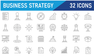 Set of 32 linear outline icons representing business strategy concepts like planning, success, innovation, and teamwork. Editable stroke vector, perfect for infographics, presentations, and marketing.