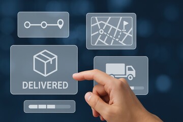 Futuristic Package Delivery Tracking Interface with Route Map, Delivery Confirmation and Vehicle Location on Touchscreen
