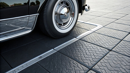 Black Car Wheel Parked in Designated Spot on Textured Pavement with Metal Inlays | Vehicle Parking