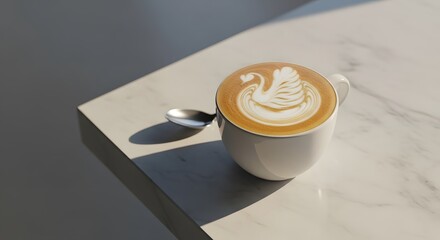 White Ceramic Coffee Cup with Swan Latte Art on Marble Surface in Sunlight