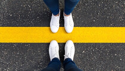 Two pairs of white sneakers on asphalt, divided by a yellow line (1)