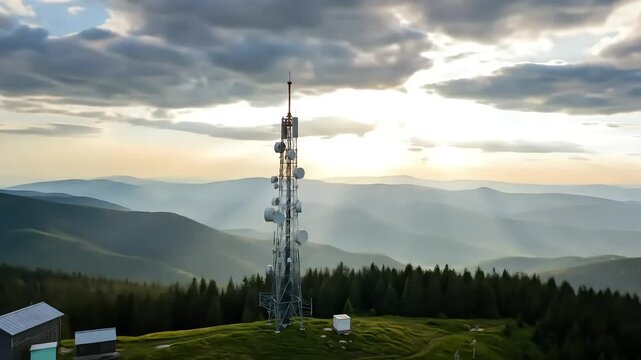 Aerial drone view of GSM and radio telecommunication tower in mountains under blue sky. Cell phone tower, base transceiver station. Wireless communication antenna transmitter in green forest.