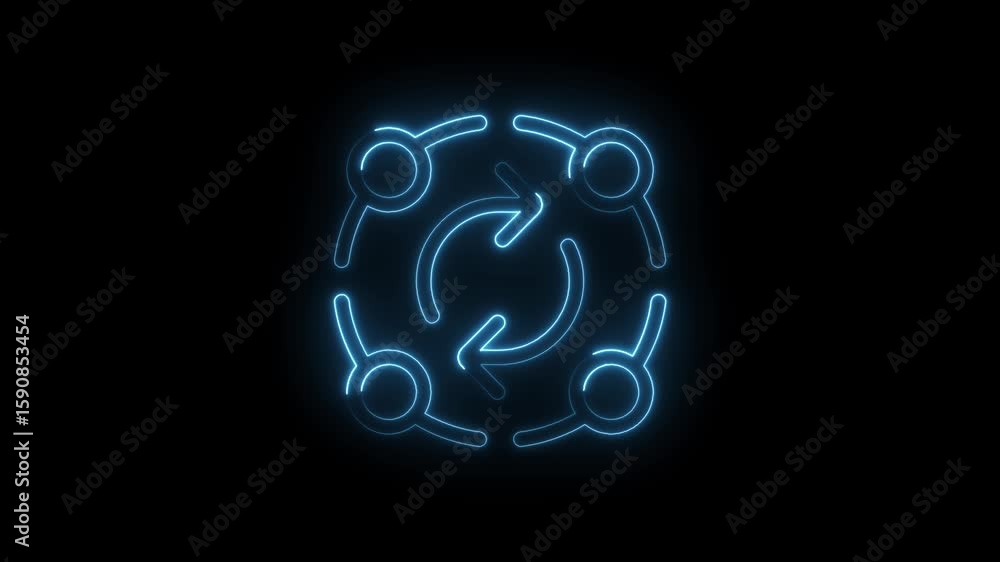 Poster glowing blue neon circular arrows icon with four connected nodes symbolizing teamwork collaboration 