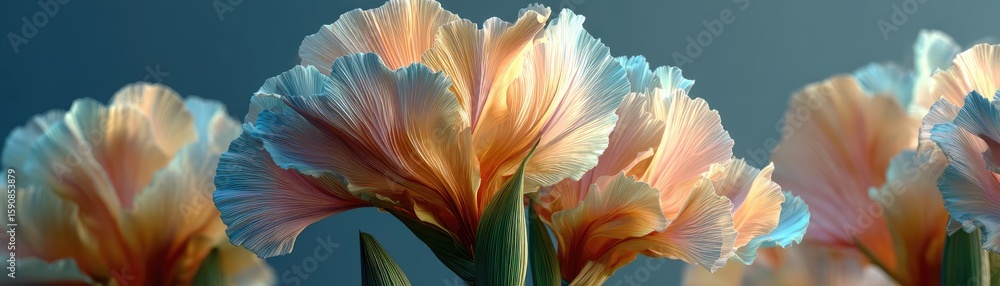 Poster iris transition for minimal flare concept. beautiful pastel flowers in soft light creating a serene 