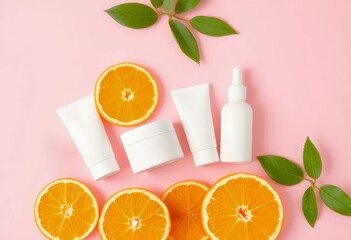 Vitamin C Skincare Bottles with Fresh Orange on Pink Background – Natural Beauty Cosmetic Product Display