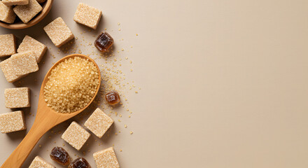 Assorted Sugar Cubes and Brown Sugar in a Wooden Spoon