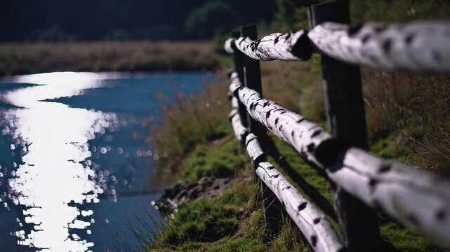 Sunlit wooden fence overlooking serene riverbend in rustic countryside setting