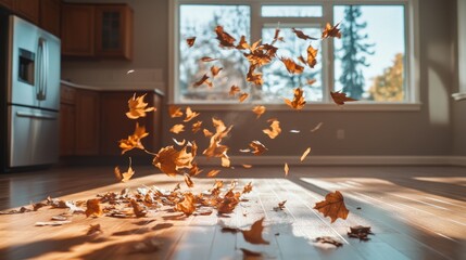 Autumn leaves dance on a sunlit hardwood floor