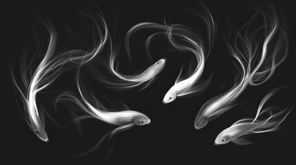 Silvery fish with wispy, smoky tails against black