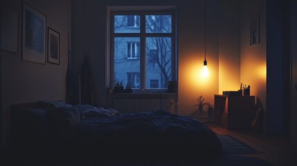 Cozy bedroom at night, window view