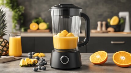 Modern blender with mango cubes, ready for smoothie