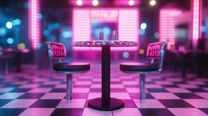 Empty diner booth under vibrant neon lights