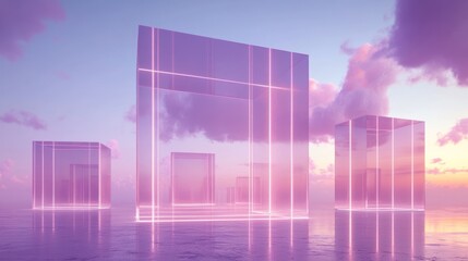 Pink glass structures on a water surface, serene sky