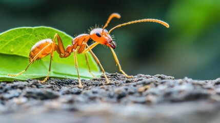 Close-up of a vibrant orange ant on a leaf and soil