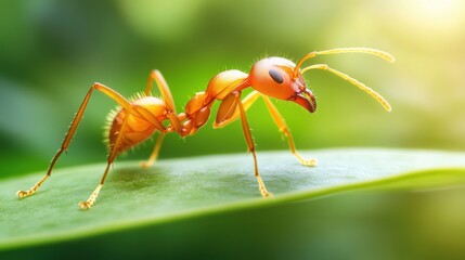 Close-up of a vibrant orange ant on a green leaf