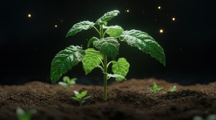 Vibrant sprout emerging from dark earth, glowing particles