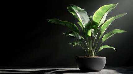 Dark scene, plant in pot, spotlight