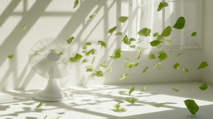 White fan, falling leaves, sunlit room