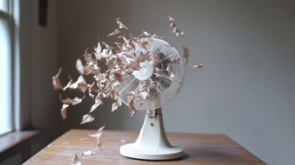 Tabletop fan propelling brown leaves