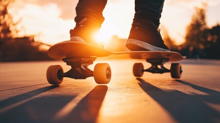 Low-angle view of skateboarder's feet on a board at sunset