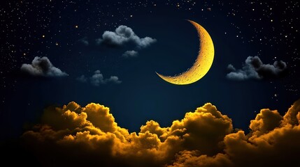 Crescent moon, night sky, clouds