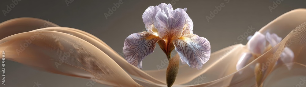 Poster iris transition for minimal flare concept. delicate floral composition with soft hues and graceful s