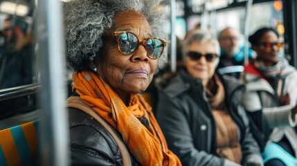 Obraz premium Senior African American Woman with Grey Hair and Glasses on Public Bus Journey