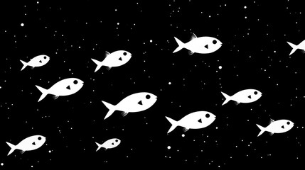 Simple white fish shapes, black background, space-like dots