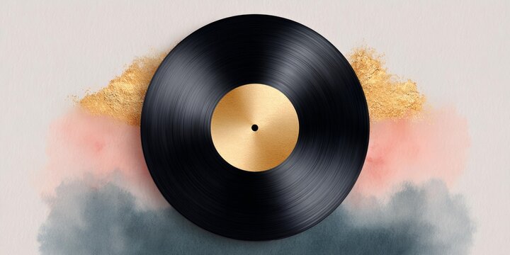 Black record with gold swirls on it