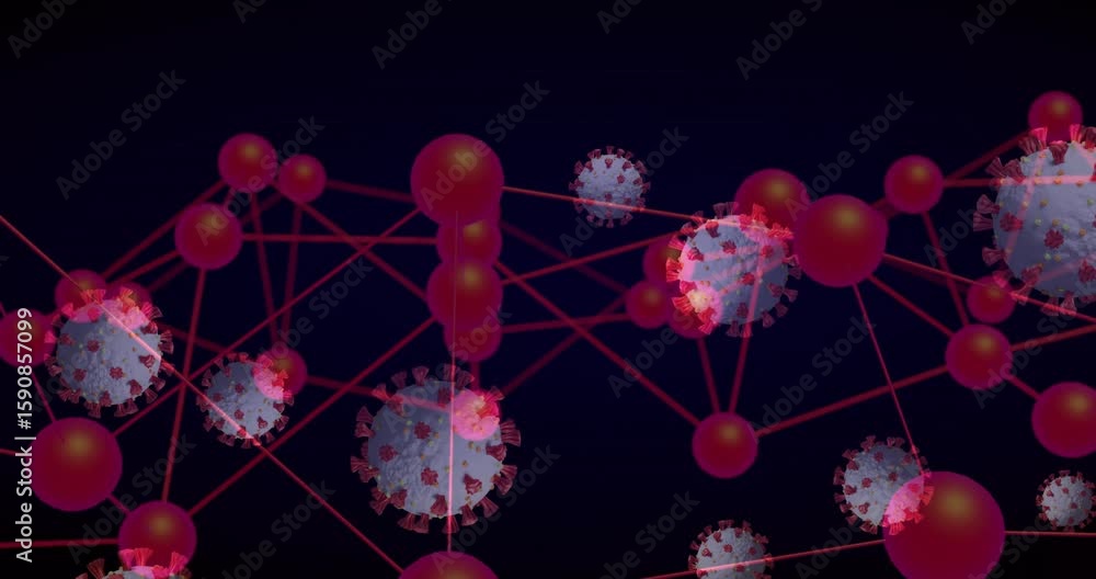 Poster frame three starting virus spheres rising intersecting with red network showing layered interaction