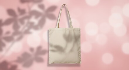 Plain Beige Canvas Tote Bag Hanging on Pink Bokeh Background