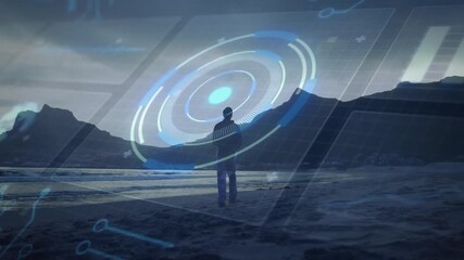 Man pausing on shore as digital scanning overlay emerging around him, raising arms for tech testing - Powered by Adobe