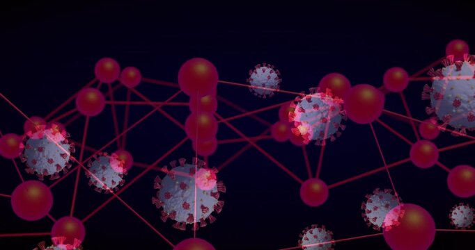 Frame three starting virus spheres rising intersecting with red network showing layered interaction