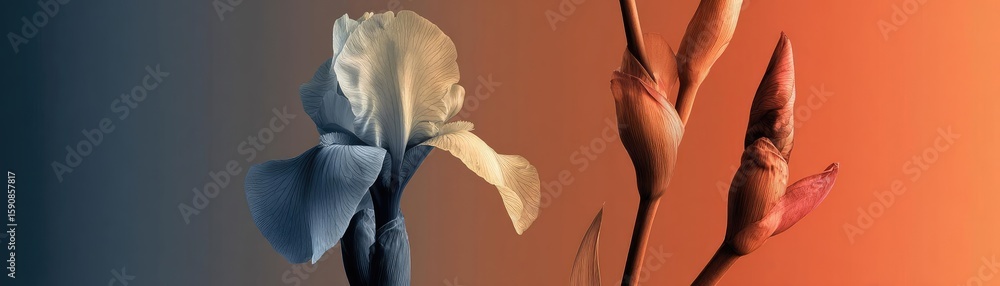 Poster iris transition for minimal flare concept. elegant flowers in contrasting colors against a gradient 