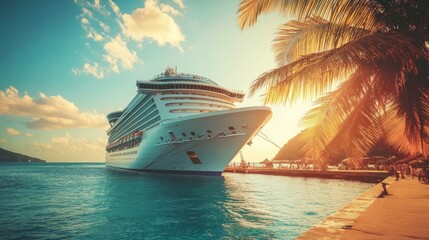 Cruise ship docked in exotic port, start of exploration, generative ai