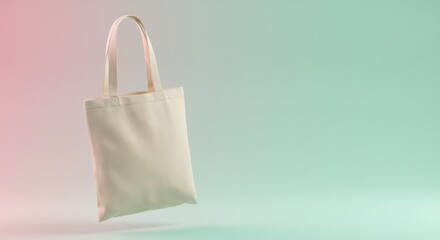 Plain White Canvas Tote Bag Hanging in Soft Gradient Background for Shopping Eco Friendly Fashion