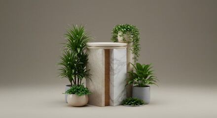 Marble-textured pedestal surrounded by various potted green plants, creating a natural and decorative display against a neutral background.