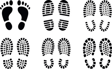 Collection of diverse black footprint and shoe print silhouettes on white background