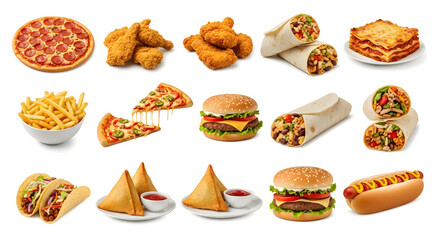 Delicious fast food variety perfect for menus and promotions including pizza, burgers, tacos, burritos, and fried chicken appealing to hungry customers with tasty meals