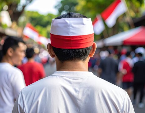 An Indonesian man wearing a red and white headband, facing backward.