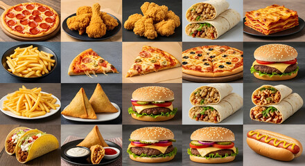 Delicious fast food feast showcasing pizza, fried chicken, burgers, and wraps for takeout menus and food delivery promotions, perfect for restaurants and culinary marketing